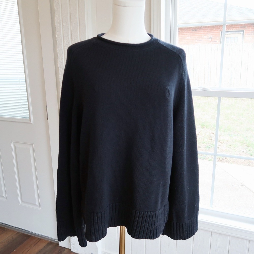 Polo Ralph Lauren Women Sweater L Black Roll Neck Cotton Knit Pony Logo Pullover